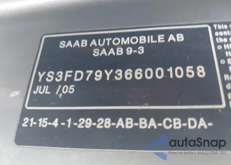2006 Saab 9-3 2.0T z USA, uszkodzony, nr VIN YS3FD79Y366001058